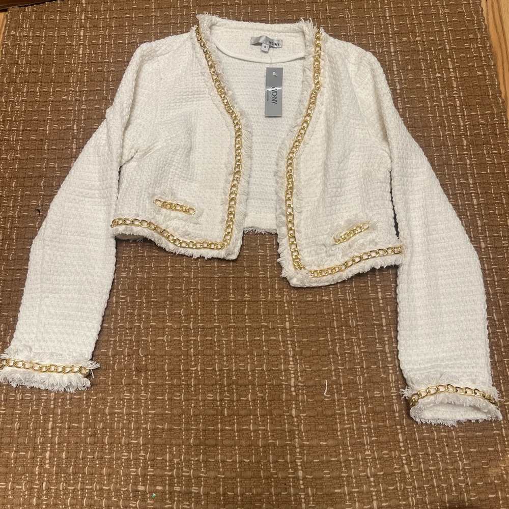 WD.NY Ivory Tweed Cropped Blazer with Gold Chain Trim